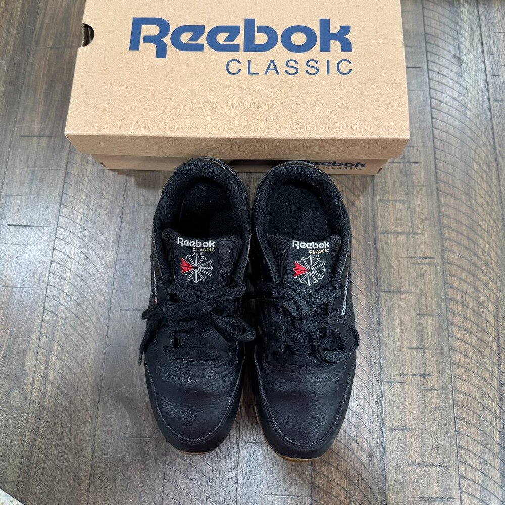 👟 Used Kids Sz 3 Reebok Classic Leather Sneakers Black Gum Bottom Unisex